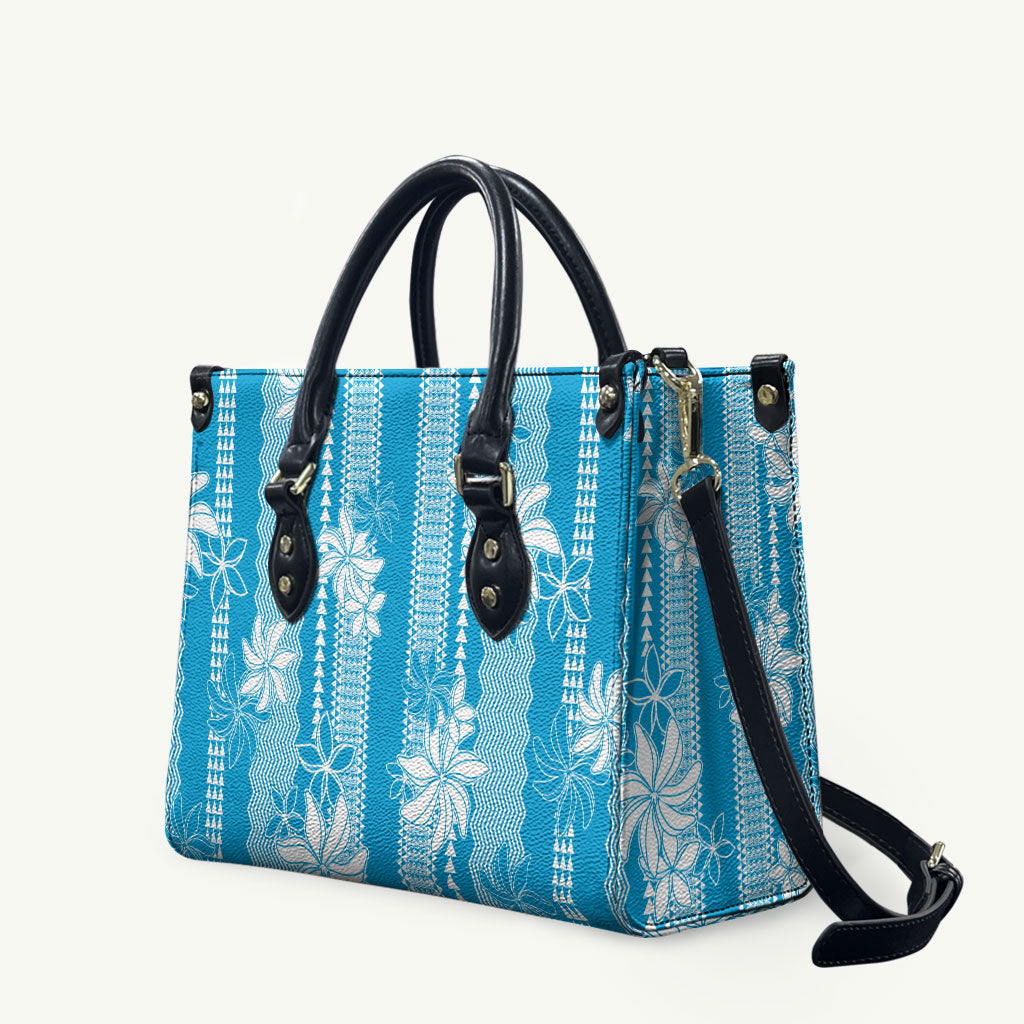 Hawaii Kakau Tribal Leather Bag With Blue Tiare