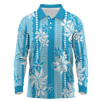 Hawaii Kakau Tribal Long Sleeve Polo Shirt With Blue Tiare