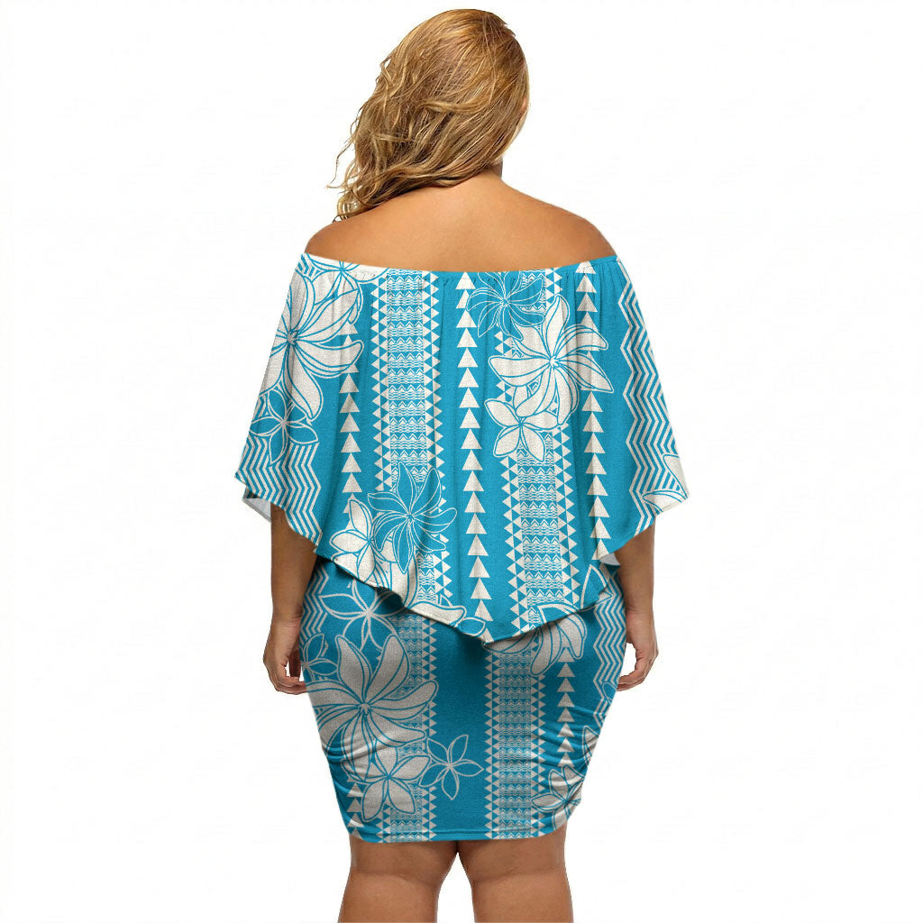 Hawaii Kakau Tribal Off Shoulder Short Dress With Blue Tiare LT05 - Polynesian Pride