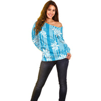 Hawaii Kakau Tribal Off Shoulder Sweater With Blue Tiare