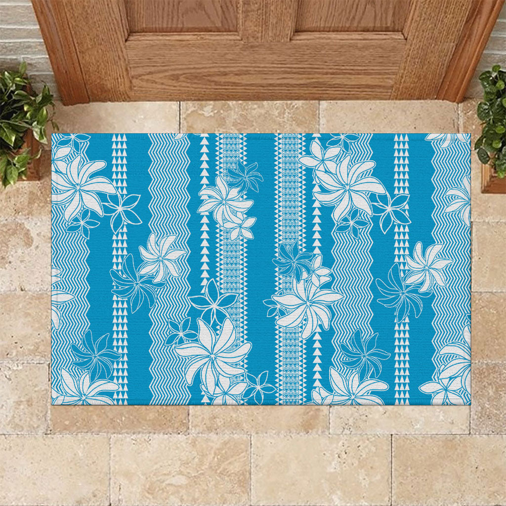 Hawaii Kakau Tribal Rubber Doormat With Blue Tiare
