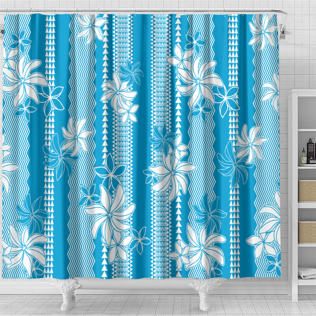 Hawaii Kakau Tribal Shower Curtain With Blue Tiare