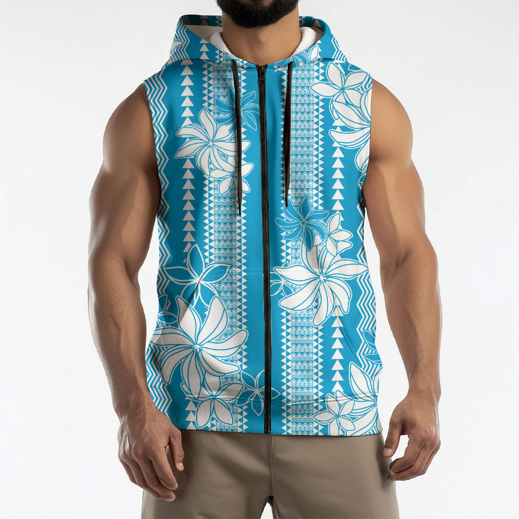 Hawaii Kakau Tribal Sleeveless Zip Hoodie With Blue Tiare