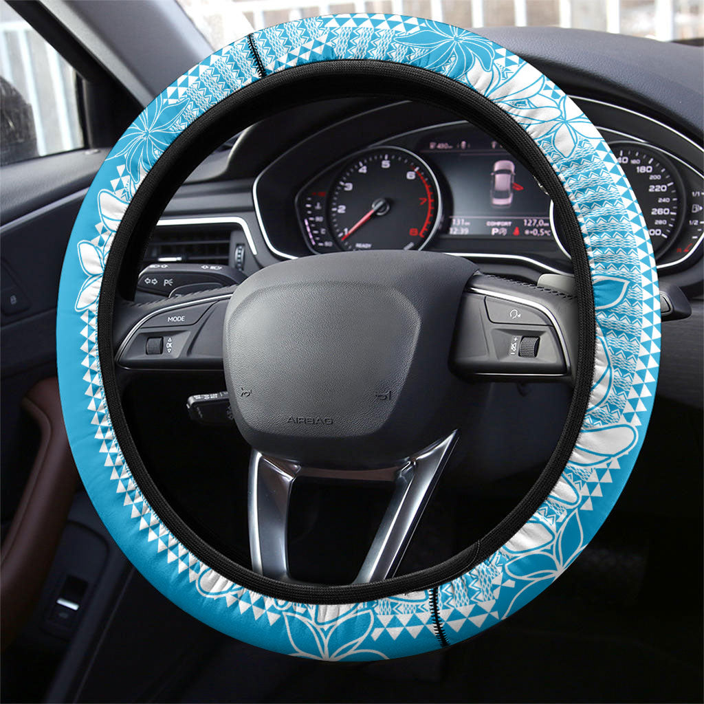 Hawaii Kakau Tribal Steering Wheel Cover With Blue Tiare