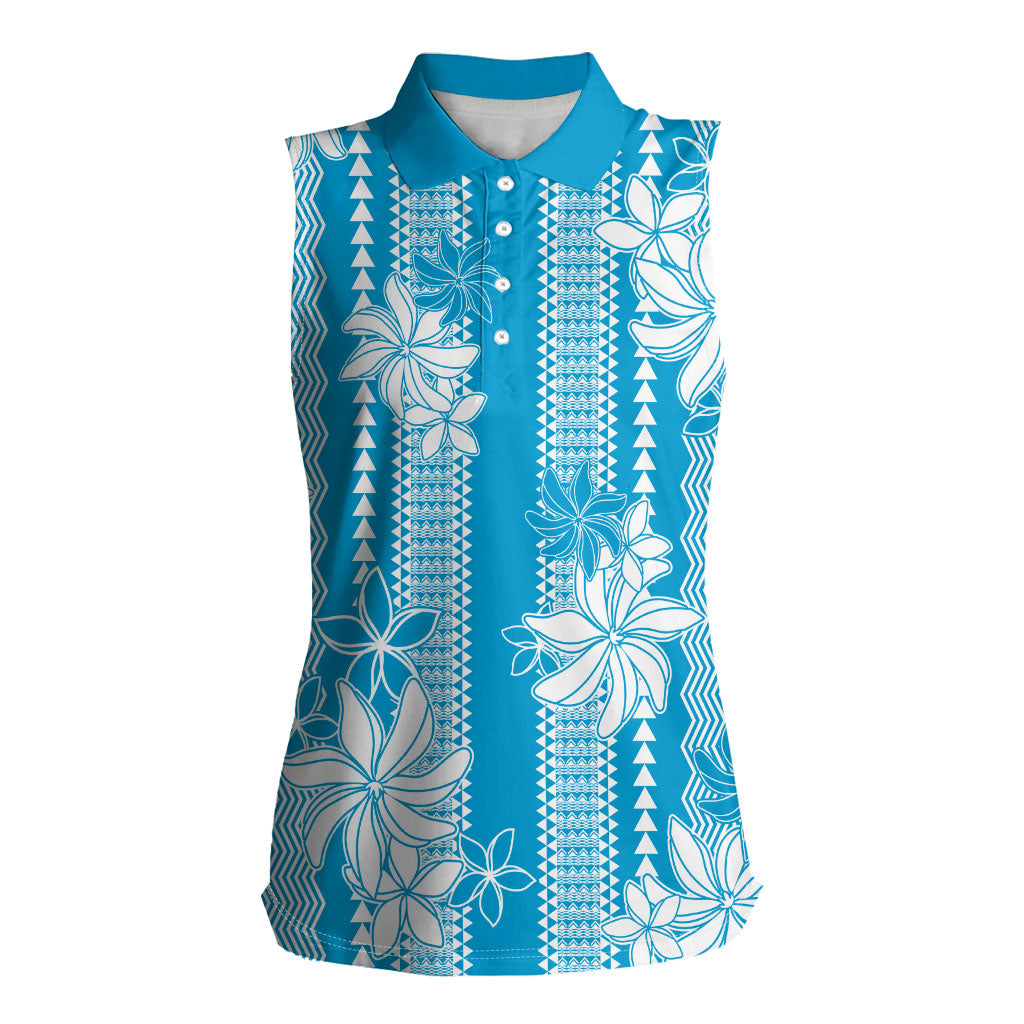 Hawaii Kakau Tribal Women Sleeveless Polo Shirt With Blue Tiare LT05 Female Blue - Polynesian Pride