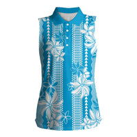 Hawaii Kakau Tribal Women Sleeveless Polo Shirt With Blue Tiare LT05 Female Blue - Polynesian Pride