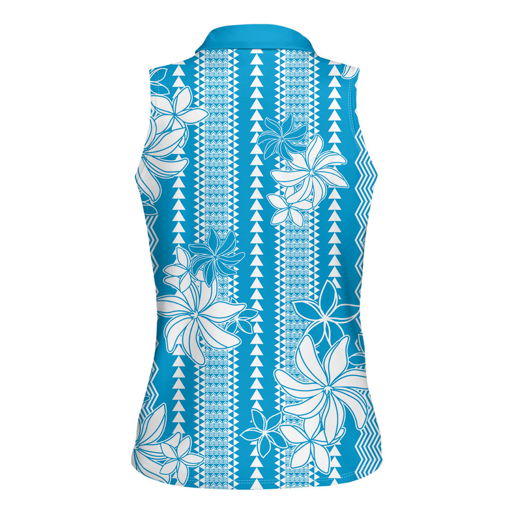 Hawaii Kakau Tribal Women Sleeveless Polo Shirt With Blue Tiare LT05 - Polynesian Pride