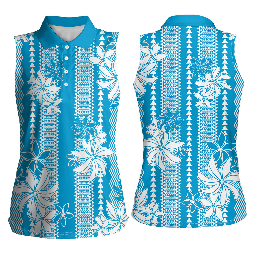 Hawaii Kakau Tribal Women Sleeveless Polo Shirt With Blue Tiare LT05 - Polynesian Pride