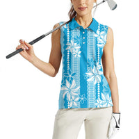 Hawaii Kakau Tribal Women Sleeveless Polo Shirt With Blue Tiare LT05 - Polynesian Pride