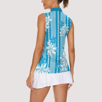 Hawaii Kakau Tribal Women Sleeveless Polo Shirt With Blue Tiare LT05 - Polynesian Pride