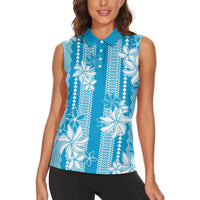 Hawaii Kakau Tribal Women Sleeveless Polo Shirt With Blue Tiare LT05 - Polynesian Pride