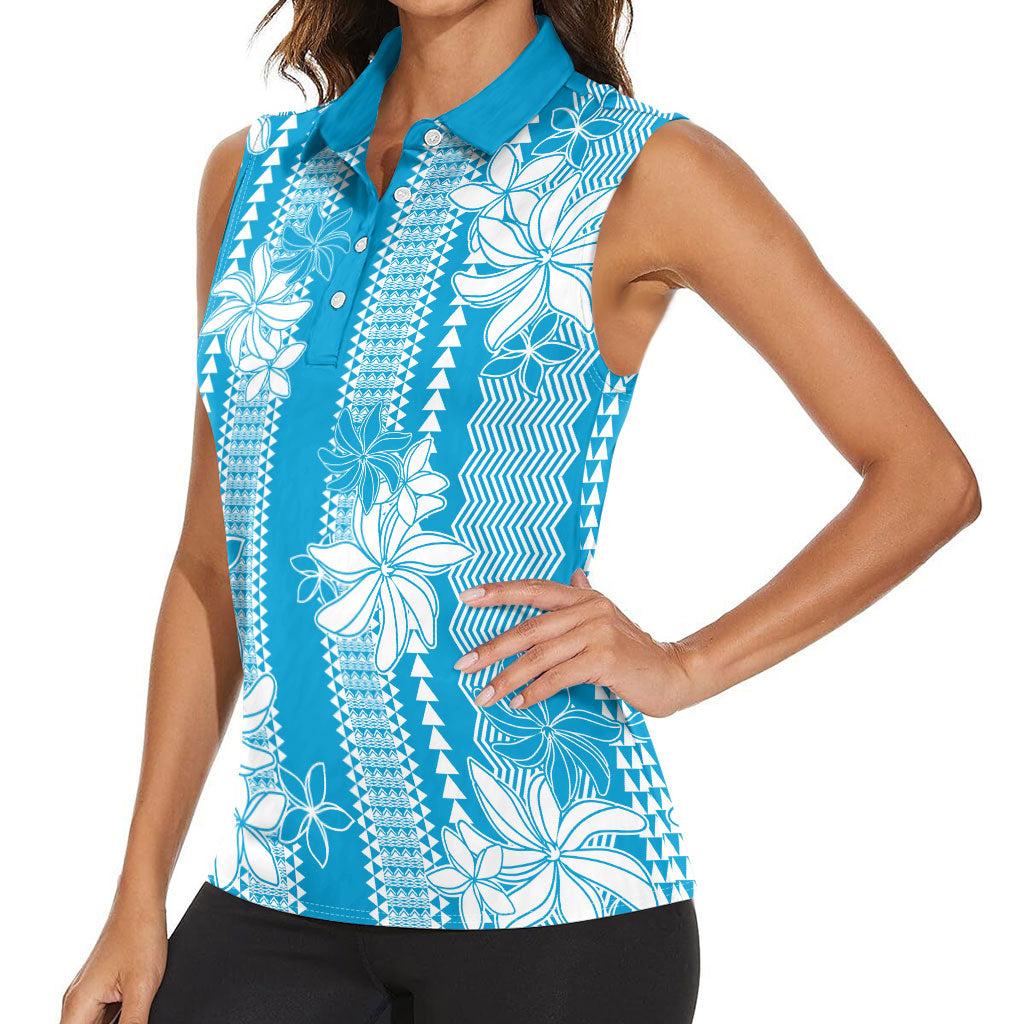 Hawaii Kakau Tribal Women Sleeveless Polo Shirt With Blue Tiare LT05 - Polynesian Pride