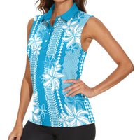 Hawaii Kakau Tribal Women Sleeveless Polo Shirt With Blue Tiare LT05 - Polynesian Pride