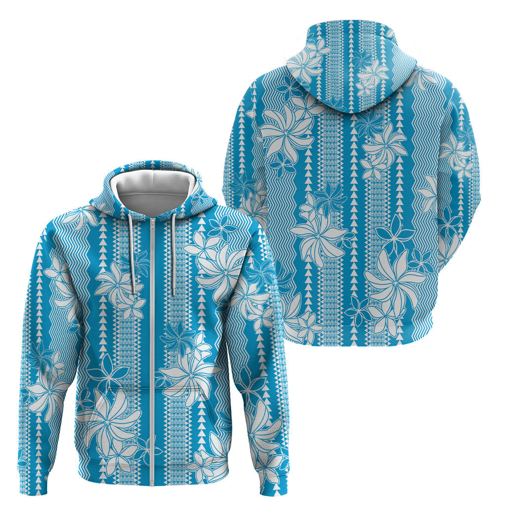 Hawaii Kakau Tribal Zip Hoodie With Blue Tiare LT05 - Polynesian Pride