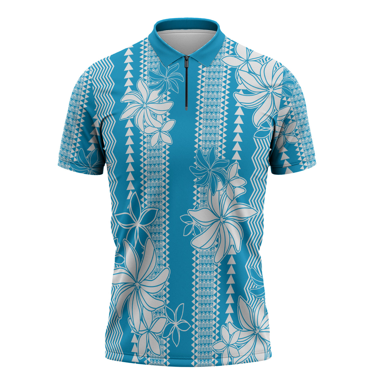 Hawaii Kakau Tribal Zipper Polo Shirt With Blue Tiare LT05 Blue - Polynesian Pride