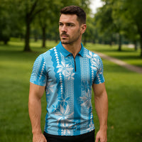 Hawaii Kakau Tribal Zipper Polo Shirt With Blue Tiare LT05 - Polynesian Pride