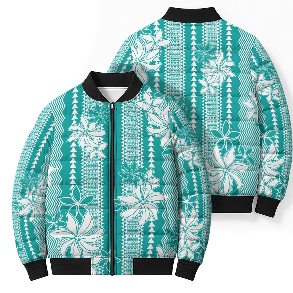 Hawaii Kakau Tribal Bomber Puffer Jacket With Teal Tiare