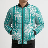 Hawaii Kakau Tribal Bomber Puffer Jacket With Teal Tiare