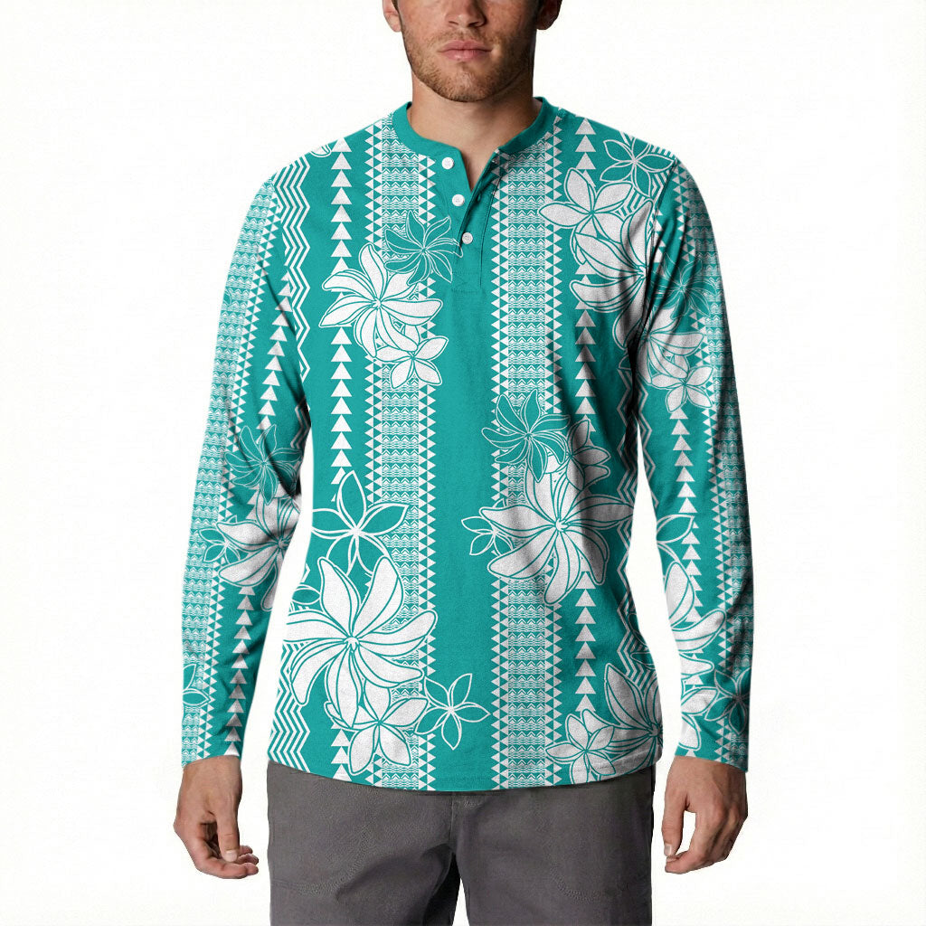 Hawaii Kakau Tribal Button Sweatshirt With Teal Tiare