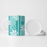 Hawaii Kakau Tribal Ceramic Mug With Teal Tiare