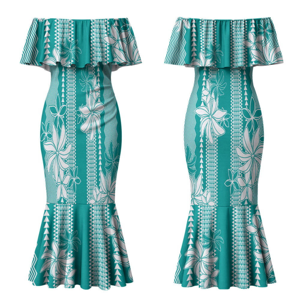 Hawaii Kakau Tribal Couples Matching Mermaid Dress and Long Sleeve Button Shirt With Teal Tiare LT05 - Polynesian Pride