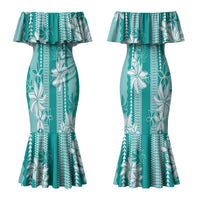 Hawaii Kakau Tribal Couples Matching Mermaid Dress and Long Sleeve Button Shirt With Teal Tiare LT05 - Polynesian Pride