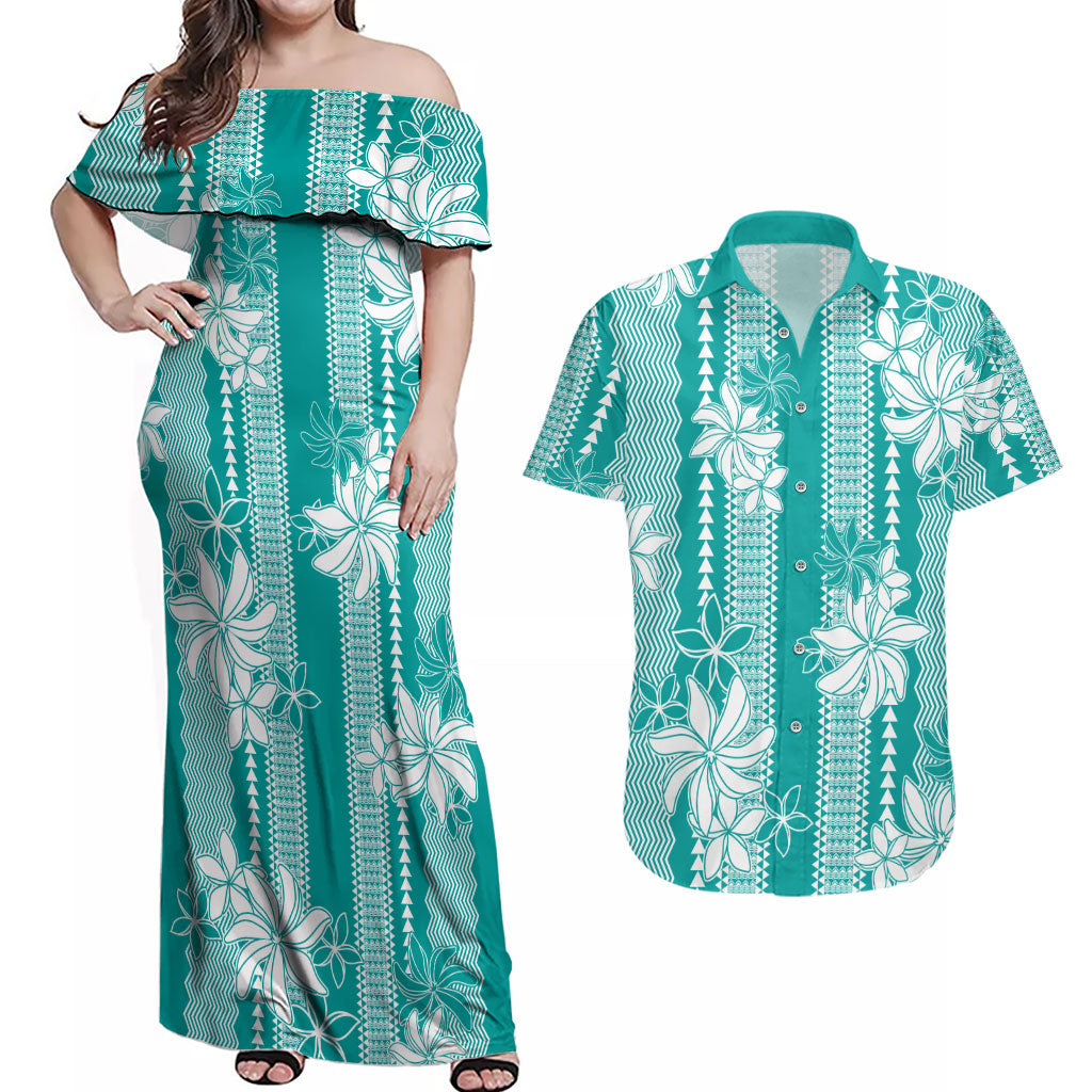 Hawaii Kakau Tribal Couples Matching Off Shoulder Maxi Dress and Hawaiian Shirt With Teal Tiare