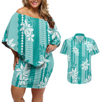 Hawaii Kakau Tribal Couples Matching Off Shoulder Short Dress and Hawaiian Shirt With Teal Tiare