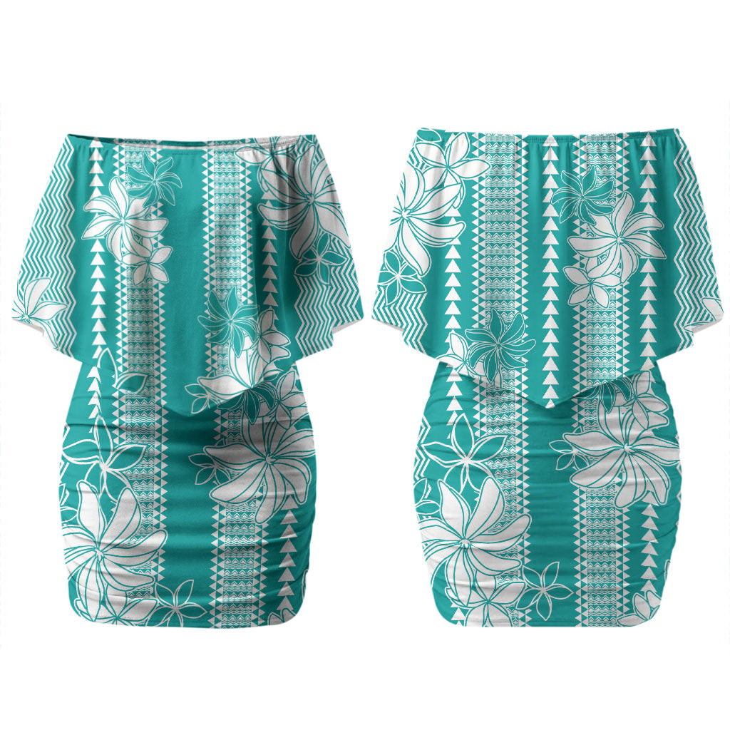 Hawaii Kakau Tribal Couples Matching Off Shoulder Short Dress and Long Sleeve Button Shirt With Teal Tiare LT05 - Polynesian Pride