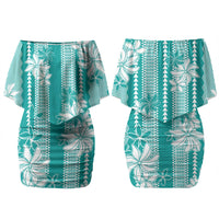 Hawaii Kakau Tribal Couples Matching Off Shoulder Short Dress and Long Sleeve Button Shirt With Teal Tiare LT05 - Polynesian Pride