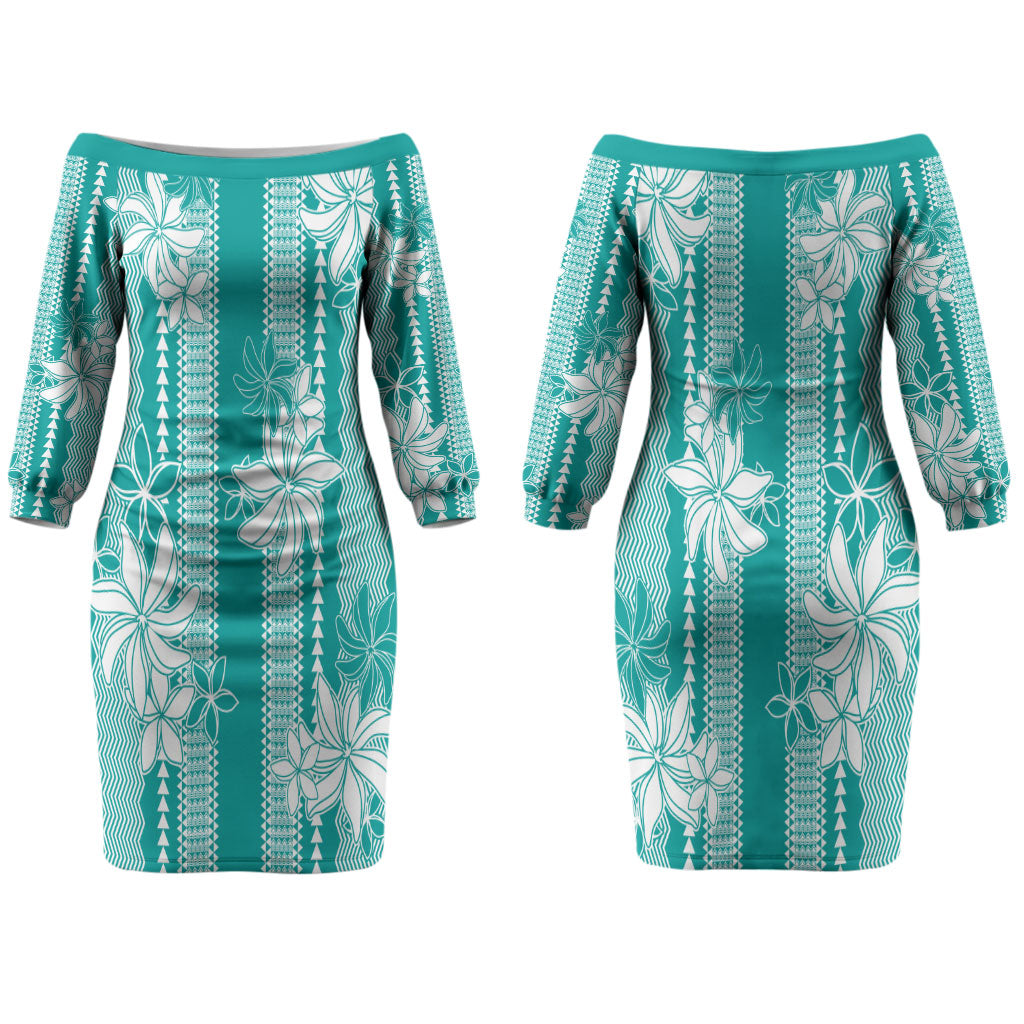 Hawaii Kakau Tribal Couples Matching Off The Shoulder Long Sleeve Dress and Hawaiian Shirt With Teal Tiare LT05 - Polynesian Pride