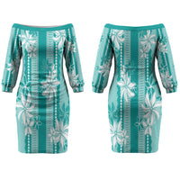 Hawaii Kakau Tribal Couples Matching Off The Shoulder Long Sleeve Dress and Hawaiian Shirt With Teal Tiare LT05 - Polynesian Pride