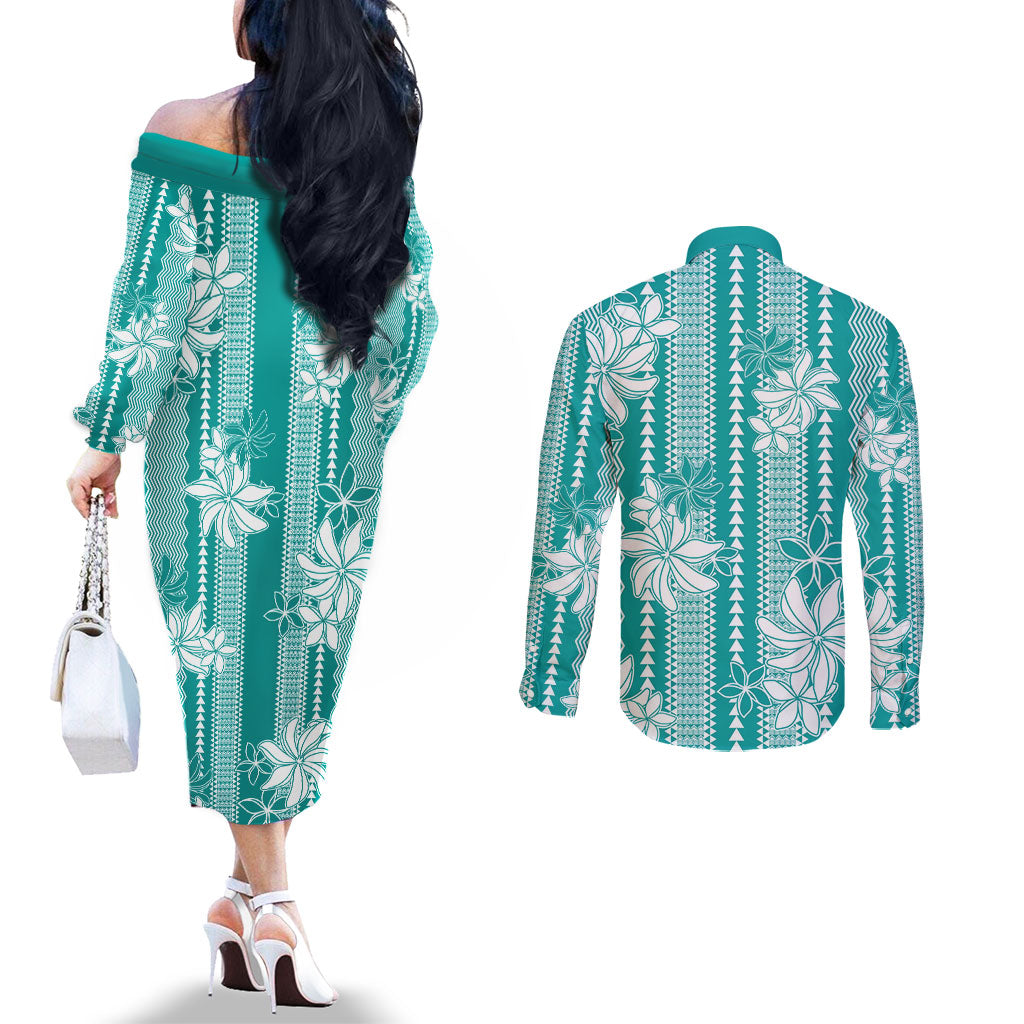 Hawaii Kakau Tribal Couples Matching Off The Shoulder Long Sleeve Dress and Long Sleeve Button Shirt With Teal Tiare