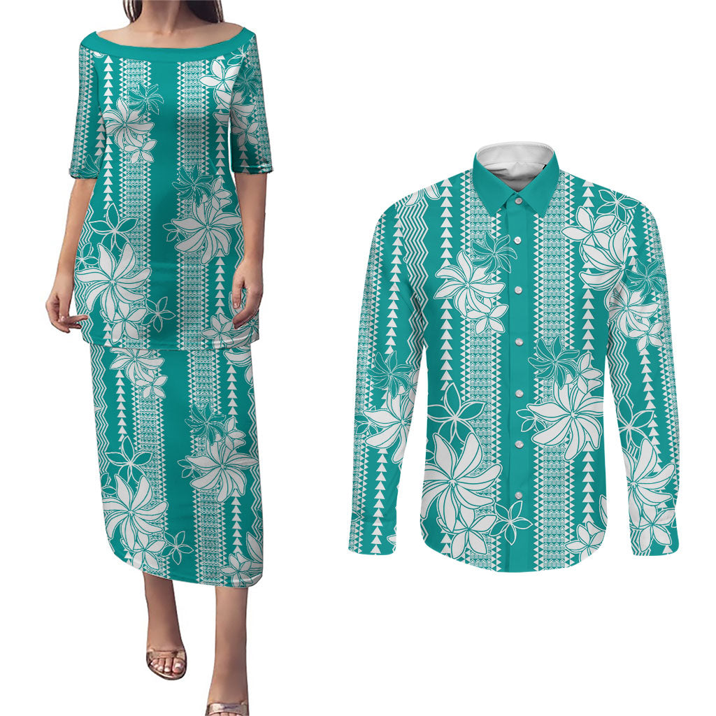 Hawaii Kakau Tribal Couples Matching Puletasi and Long Sleeve Button Shirt With Teal Tiare