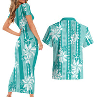 Hawaii Kakau Tribal Couples Matching Short Sleeve Bodycon Dress and Hawaiian Shirt With Teal Tiare