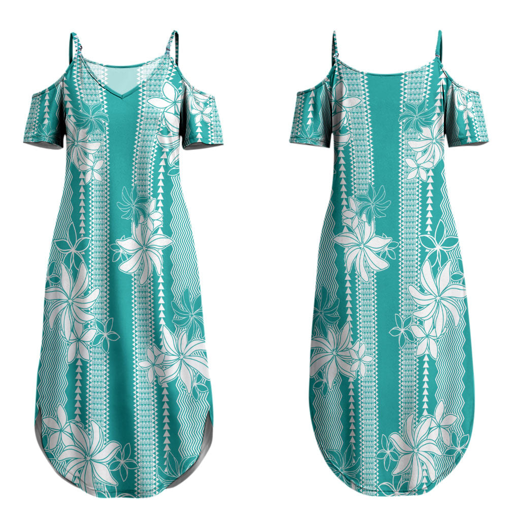 Hawaii Kakau Tribal Couples Matching Summer Maxi Dress and Hawaiian Shirt With Teal Tiare LT05 - Polynesian Pride
