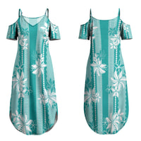 Hawaii Kakau Tribal Couples Matching Summer Maxi Dress and Hawaiian Shirt With Teal Tiare LT05 - Polynesian Pride