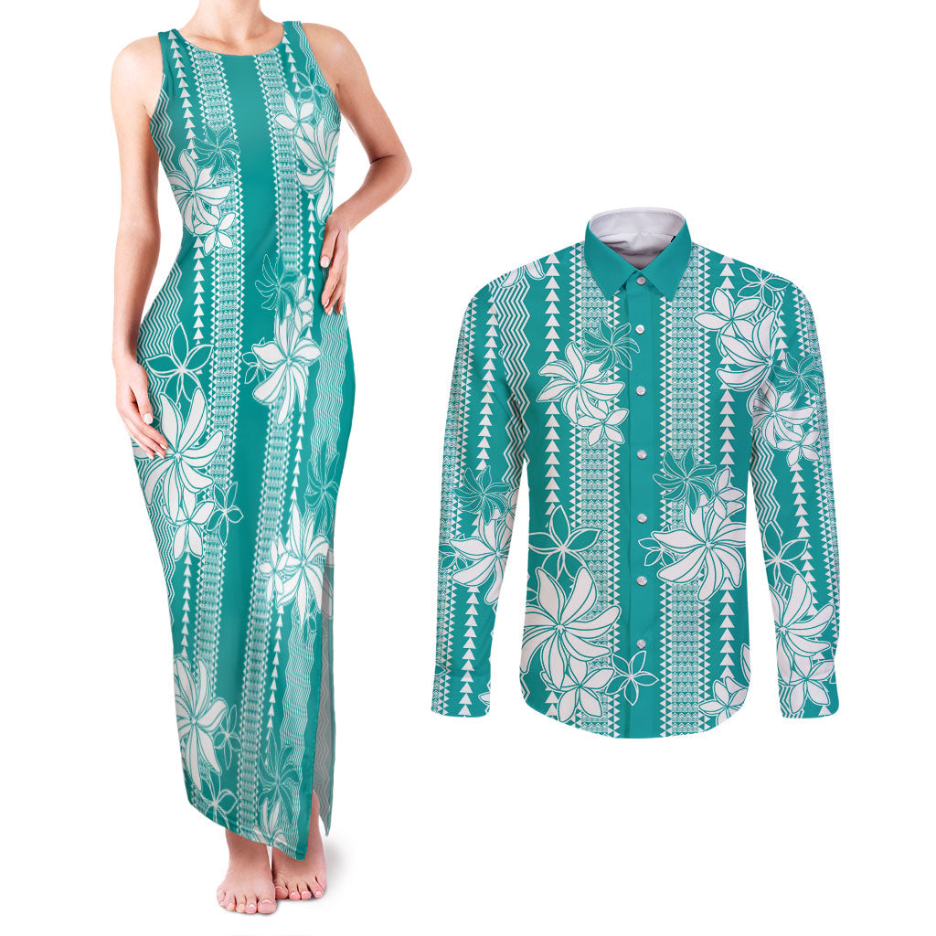 Hawaii Kakau Tribal Couples Matching Tank Maxi Dress and Long Sleeve Button Shirt With Teal Tiare