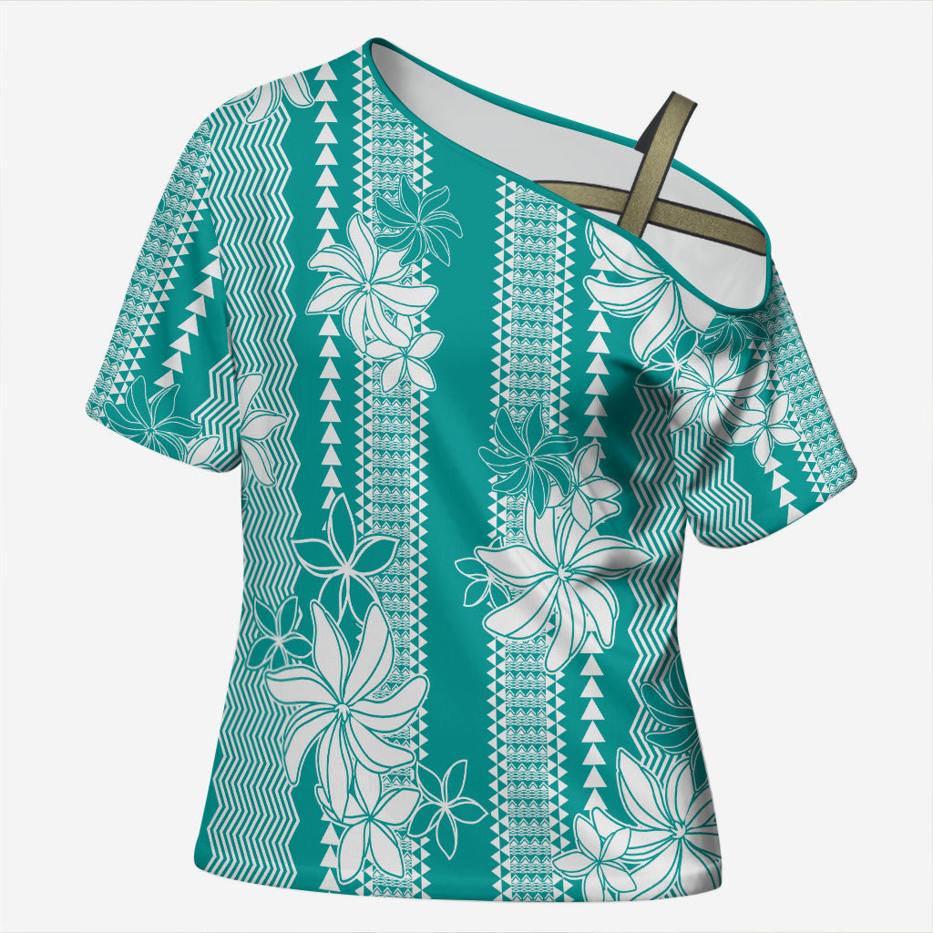 Hawaii Kakau Tribal Cross Shoulder Shirt With Teal Tiare LT05 Female Teal - Polynesian Pride