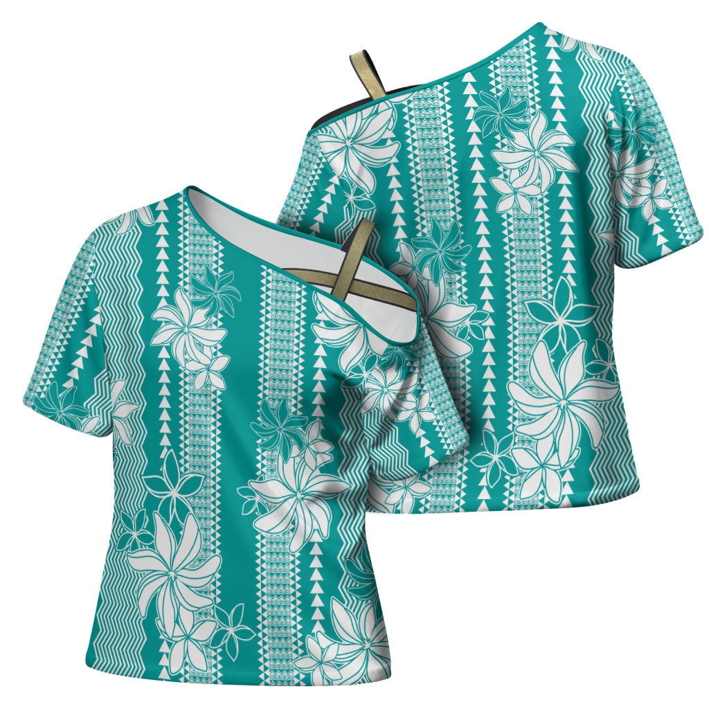 Hawaii Kakau Tribal Cross Shoulder Shirt With Teal Tiare LT05 - Polynesian Pride