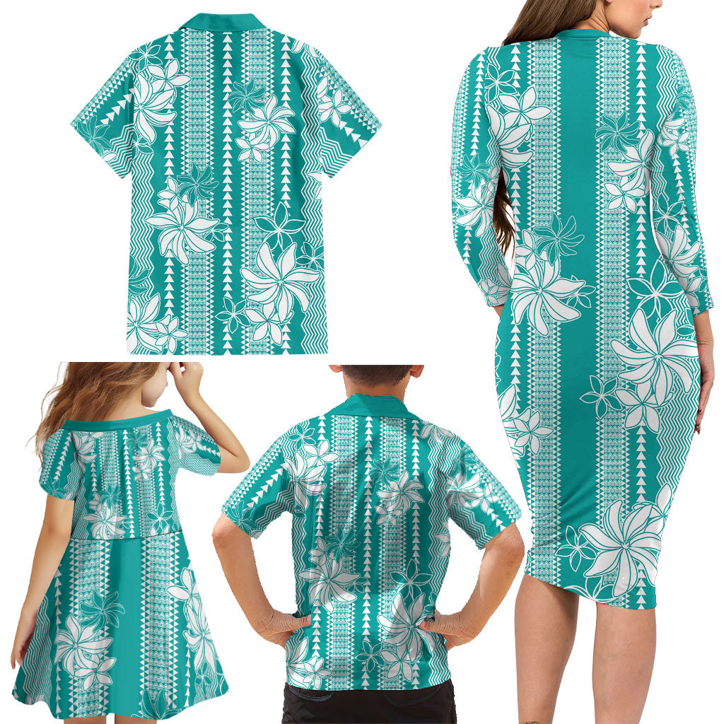 Hawaii Kakau Tribal Family Matching Long Sleeve Bodycon Dress and Hawaiian Shirt With Teal Tiare