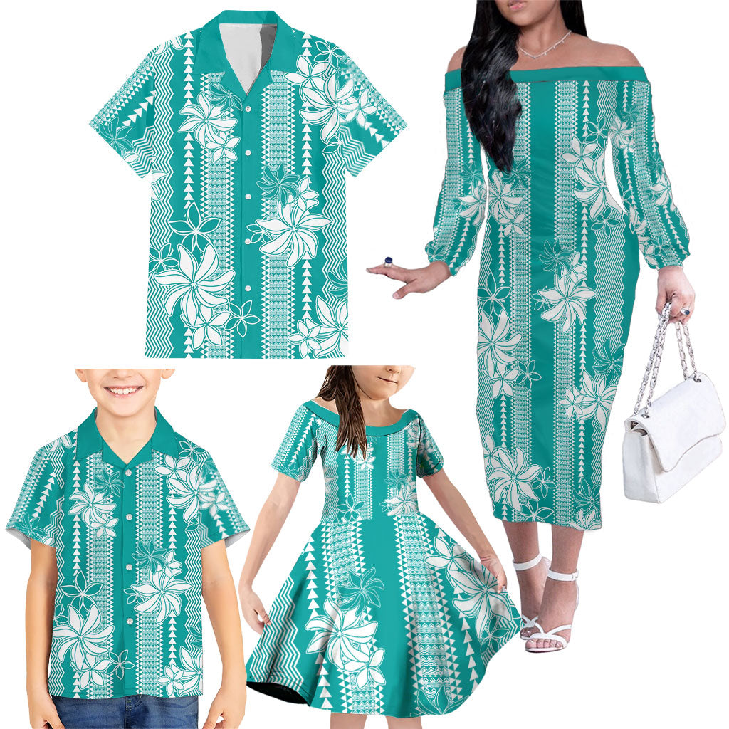 Hawaii Kakau Tribal Family Matching Off The Shoulder Long Sleeve Dress and Hawaiian Shirt With Teal Tiare