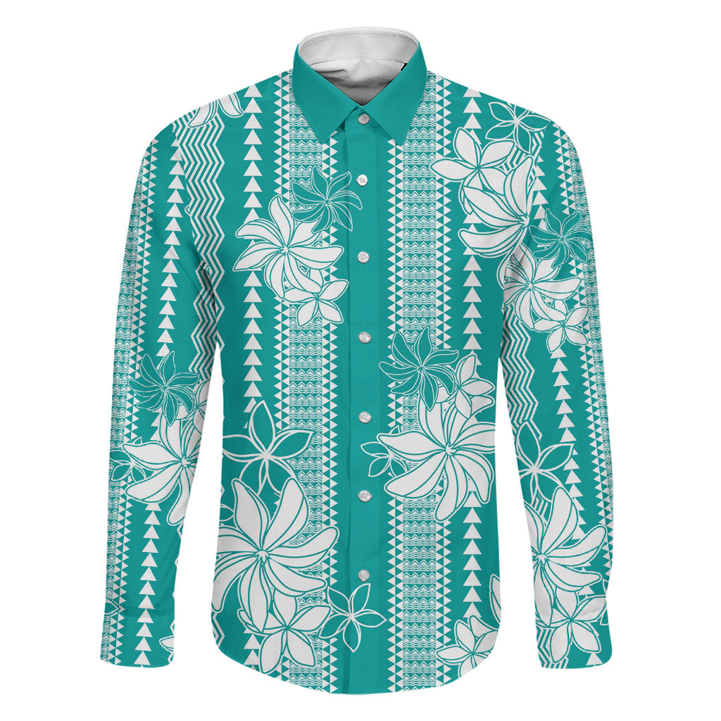 Hawaii Kakau Tribal Family Matching Off Shoulder Maxi Dress and Hawaiian Shirt With Teal Tiare