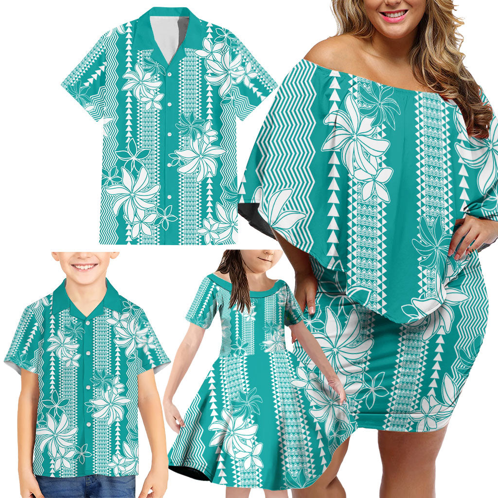 Hawaii Kakau Tribal Family Matching Off Shoulder Short Dress and Hawaiian Shirt With Teal Tiare