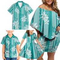 Hawaii Kakau Tribal Family Matching Off Shoulder Short Dress and Hawaiian Shirt With Teal Tiare LT05 - Polynesian Pride