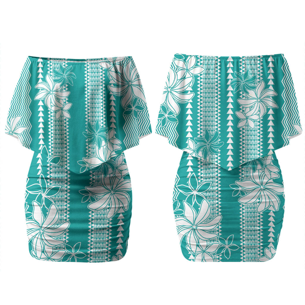 Hawaii Kakau Tribal Family Matching Off Shoulder Short Dress and Hawaiian Shirt With Teal Tiare LT05 Mom's Dress Teal - Polynesian Pride