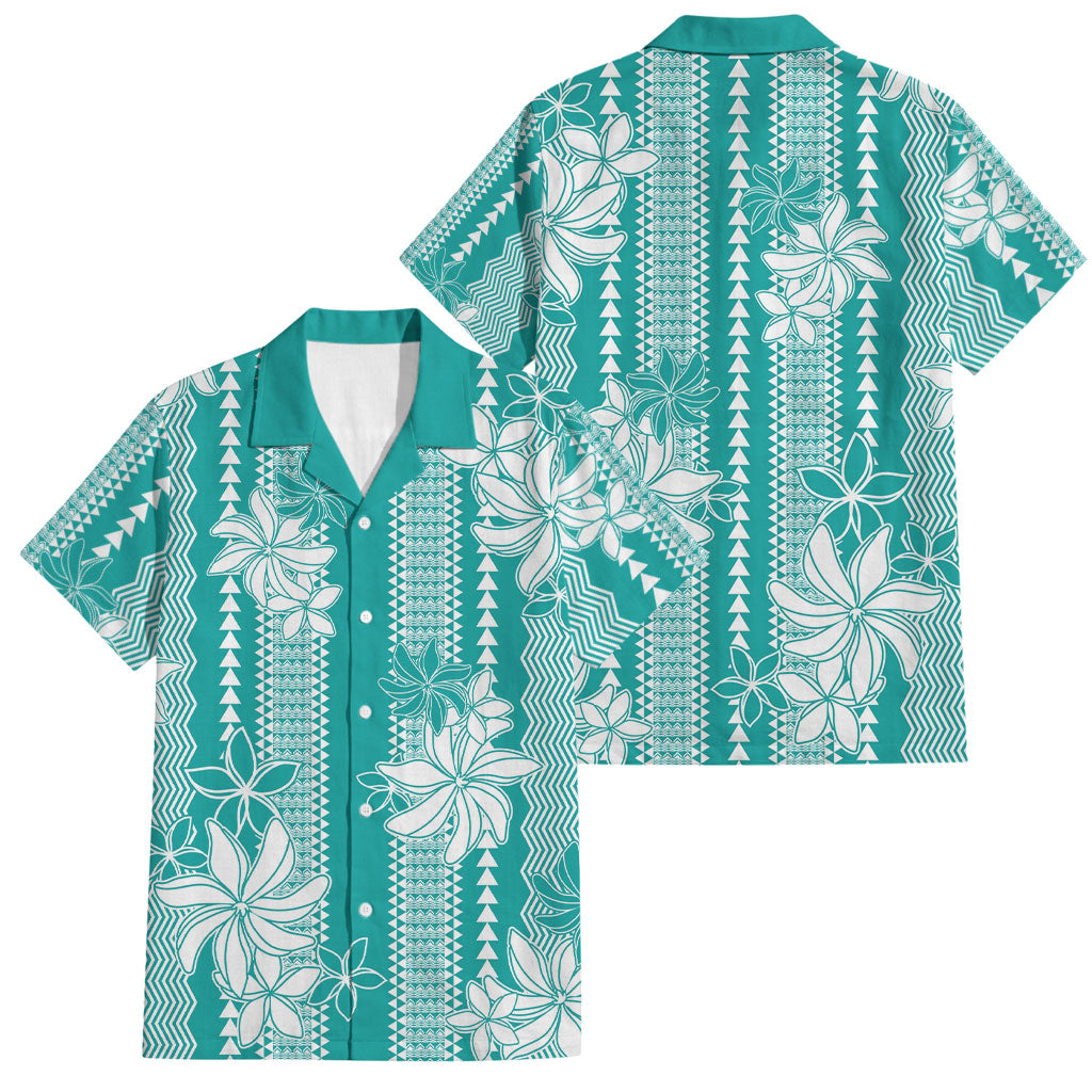 Hawaii Kakau Tribal Family Matching Off Shoulder Short Dress and Hawaiian Shirt With Teal Tiare LT05 Dad's Shirt - Short Sleeve Teal - Polynesian Pride