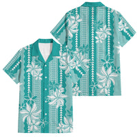 Hawaii Kakau Tribal Family Matching Off Shoulder Short Dress and Hawaiian Shirt With Teal Tiare LT05 Dad's Shirt - Short Sleeve Teal - Polynesian Pride