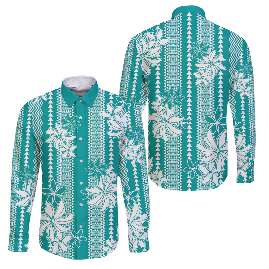 Hawaii Kakau Tribal Family Matching Off Shoulder Short Dress and Hawaiian Shirt With Teal Tiare LT05 Dad's Shirt - Long Sleeve Teal - Polynesian Pride
