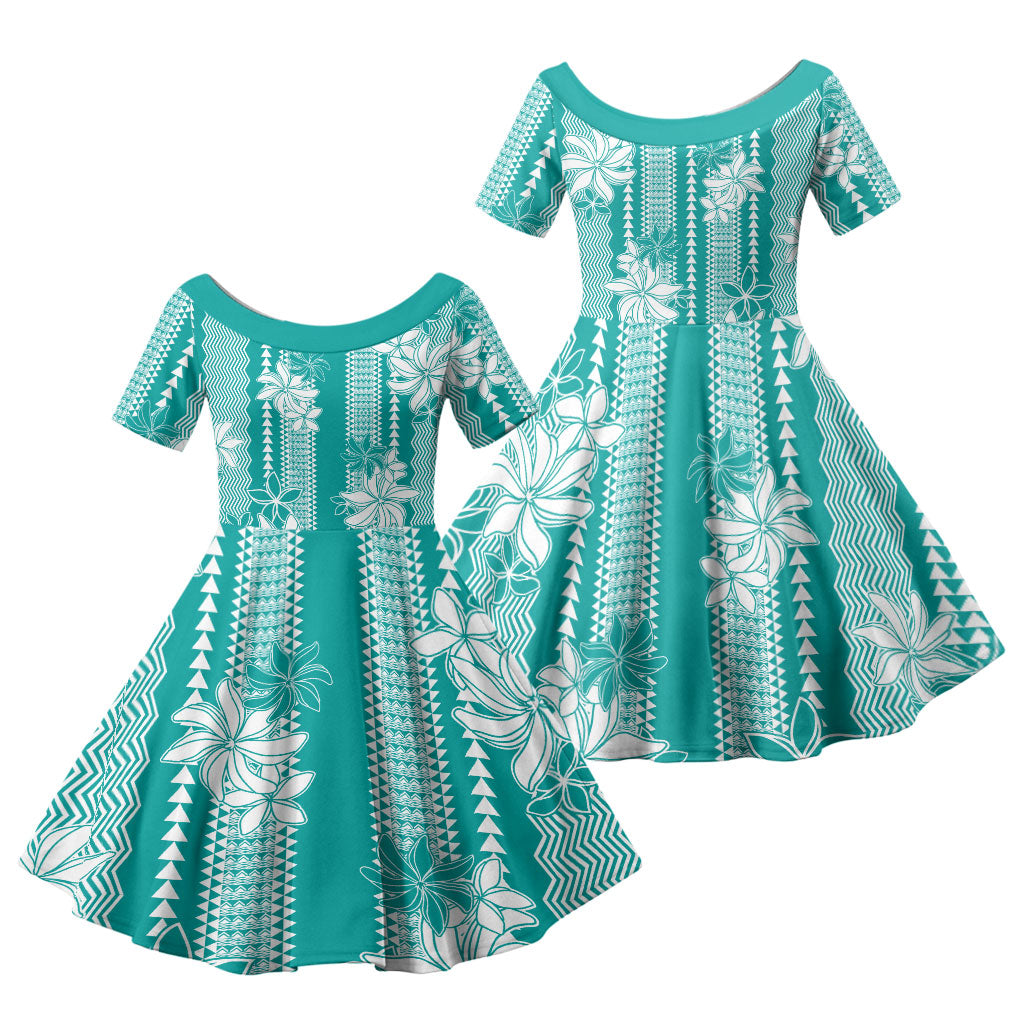 Hawaii Kakau Tribal Family Matching Off Shoulder Short Dress and Hawaiian Shirt With Teal Tiare LT05 Daughter's Dress Teal - Polynesian Pride